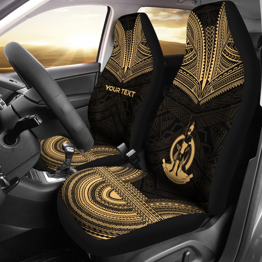 Vanuatu Custom Personalised Car Seat Cover - Vanuatu Coat Of Arms Polynesian Chief Tattoo Gold Version Universal Fit Gold - Polynesian Pride