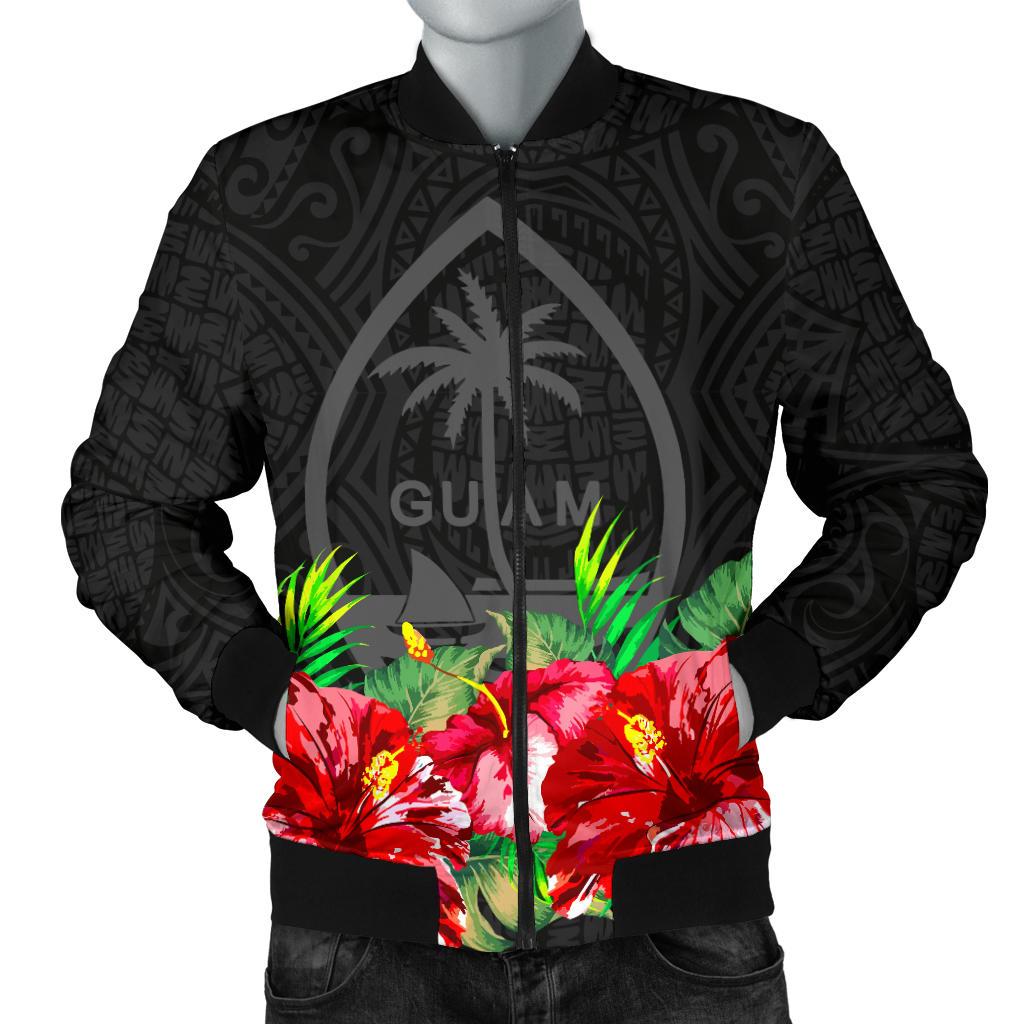 Guam Polynesian Men's Bomber Jacket Black Hibiscus Black - Polynesian Pride