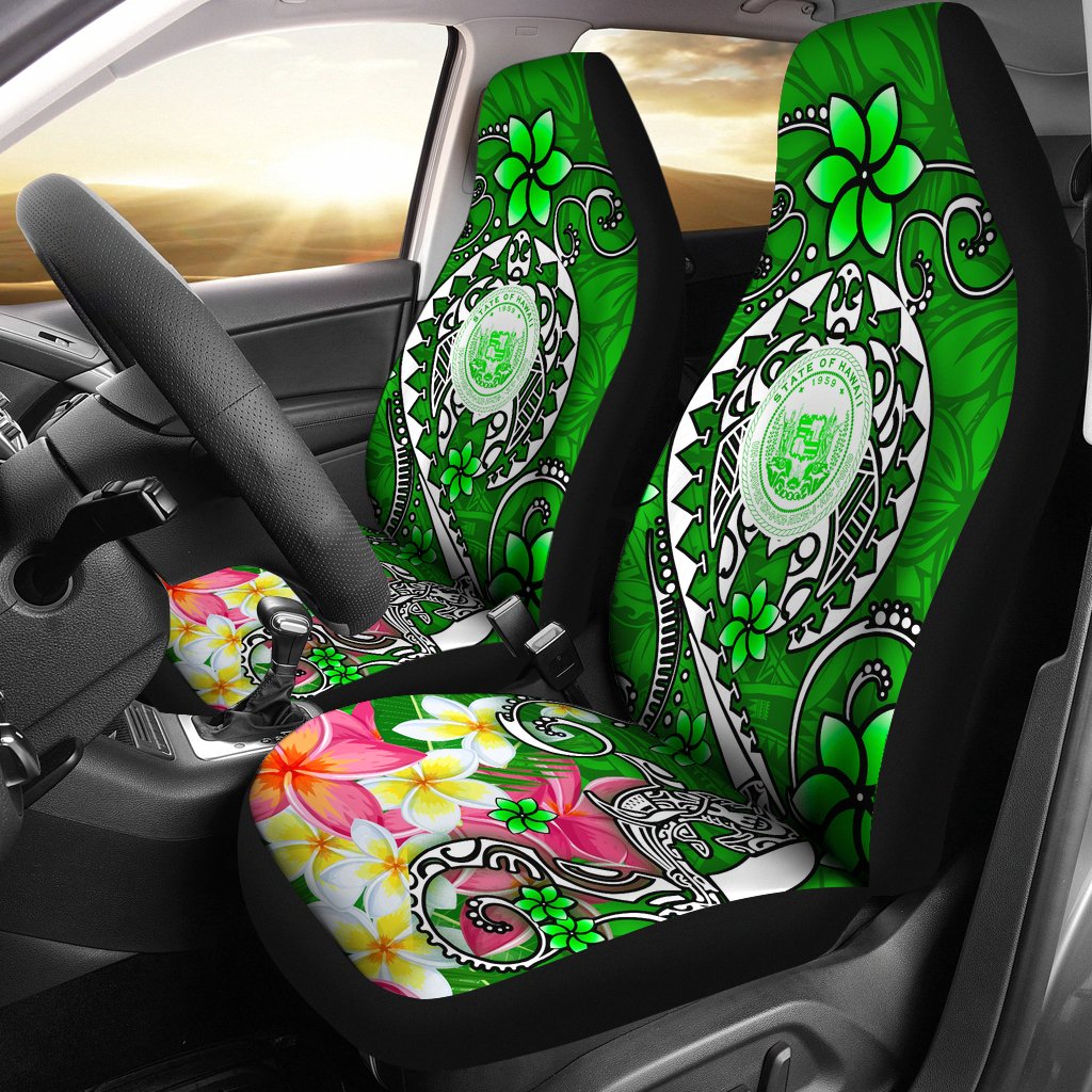 Hawaii Polynesian Car Seat Covers - Hawaii Seal With Turtle Plumeria (Green) Universal Fit Green - Polynesian Pride