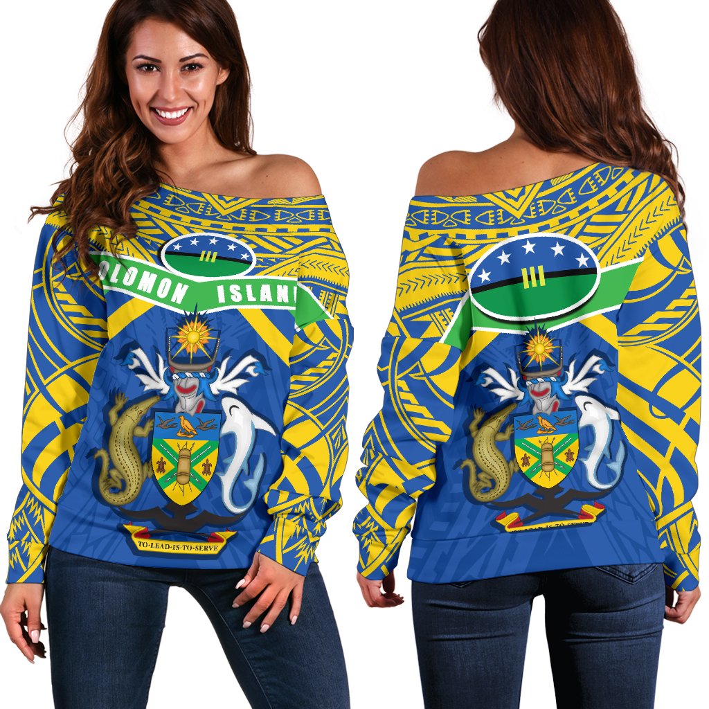 Solomon Islands Off Shoulder Sweater Simple Coat Of Arms Rugby Blue - Polynesian Pride