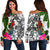 Vanuatu Women's Off Shoulder Sweater White - Turtle Plumeria Banana Leaf White - Polynesian Pride