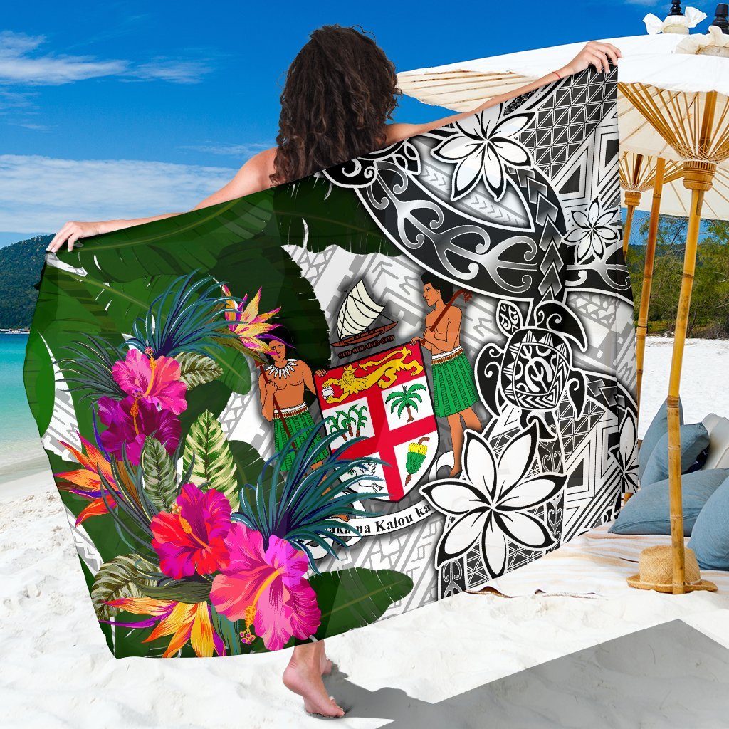 Fiji Sarong White - Turtle Plumeria Banana Leaf Crest Sarong One Size White - Polynesian Pride