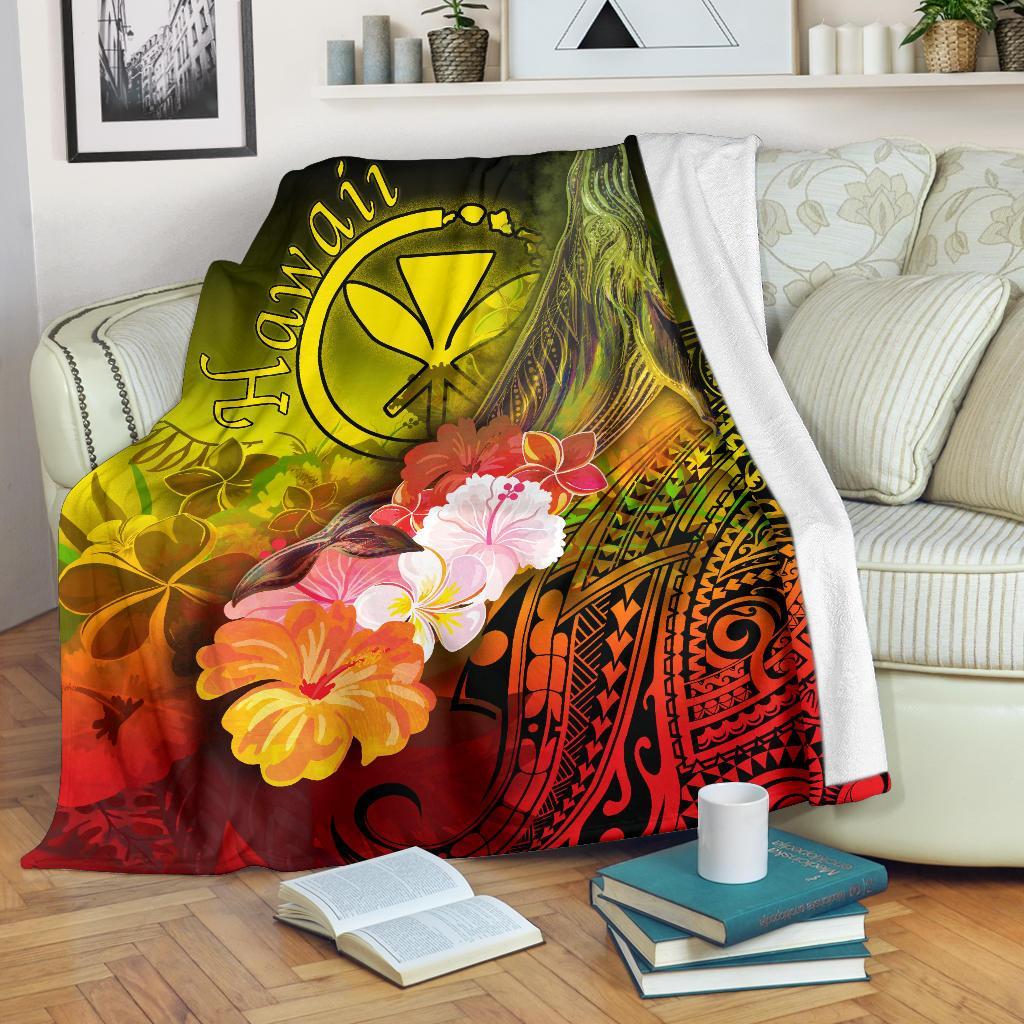 Polynesian Hawaii Premium Blanket - Kanaka Maoli Humpback Whale with Tropical Flowers (Yellow) White - Polynesian Pride