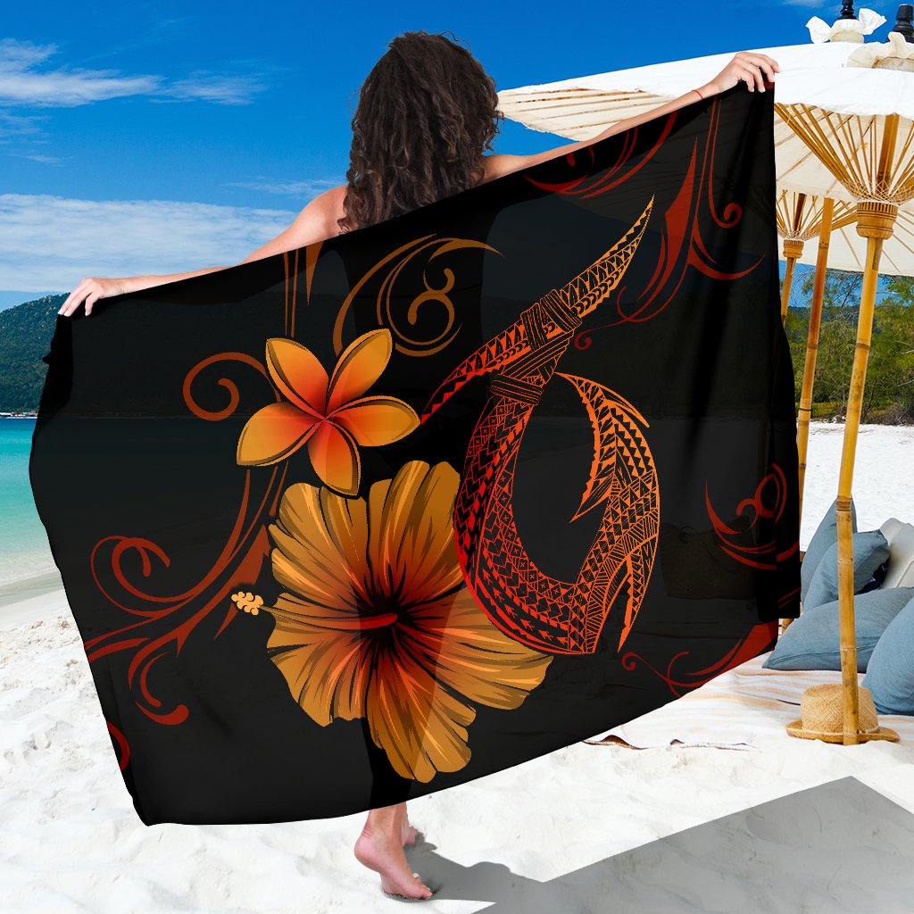 Hawaii Fish Hook Hibiscus Plumeria Poly Sarong - Orange Sarong One Size Orange - Polynesian Pride