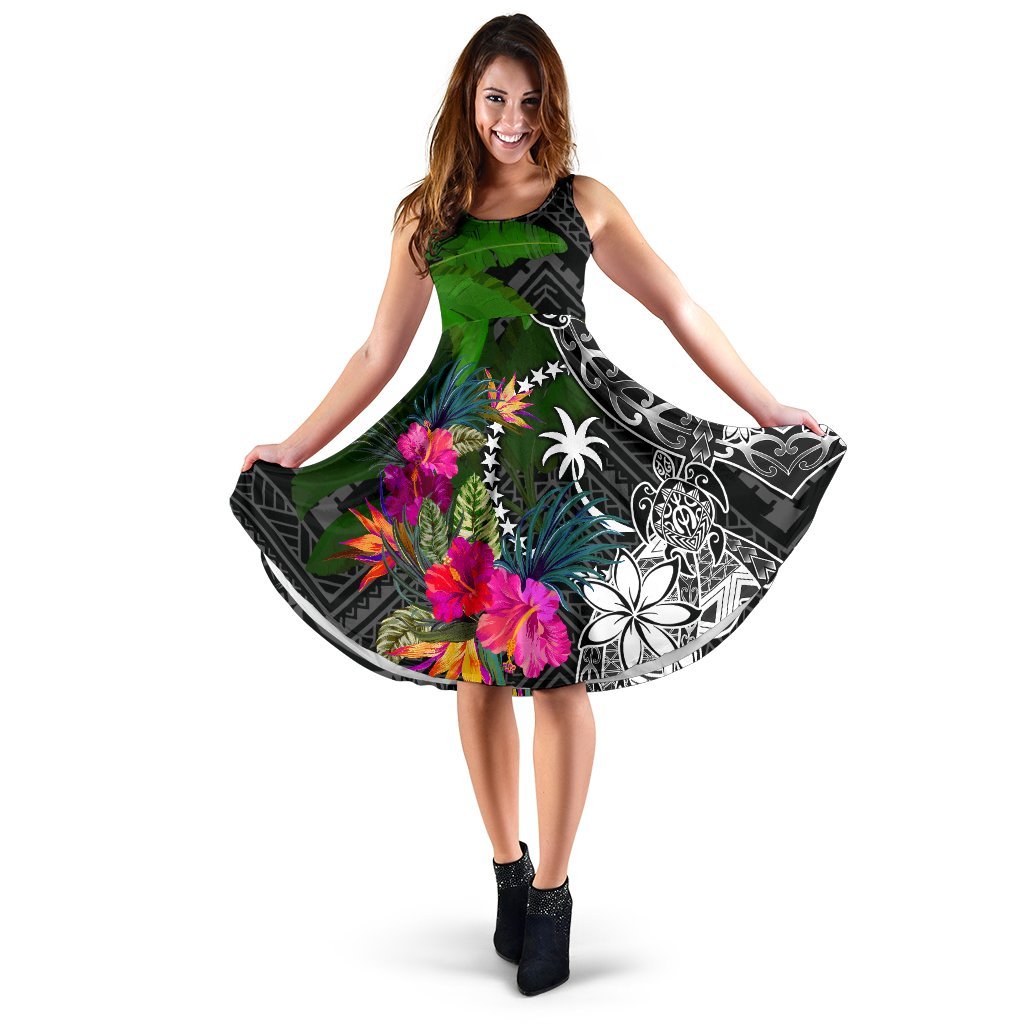 Chuuk Midi Dress - Turtle Plumeria Banana Leaf Women Black - Polynesian Pride