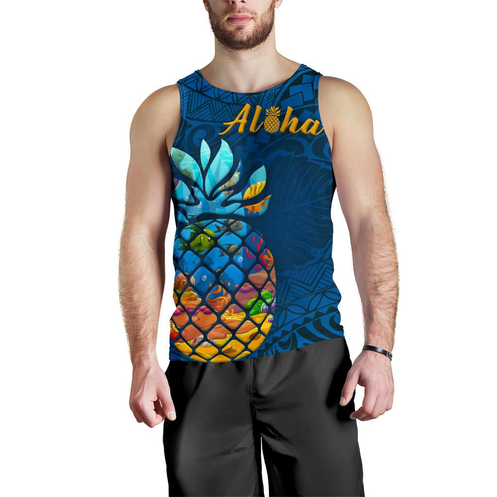 Hawaii Aloha Pineapple Men's Tank Top Blue - Polynesian Pride