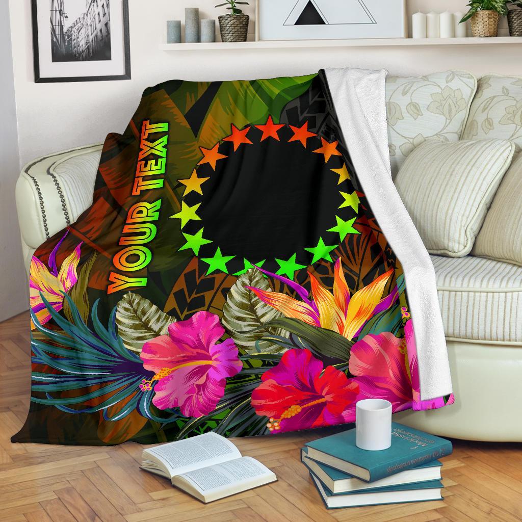 Cook Islands Polynesian Personalised Premium Blanket - Hibiscus and Banana Leaves White - Polynesian Pride