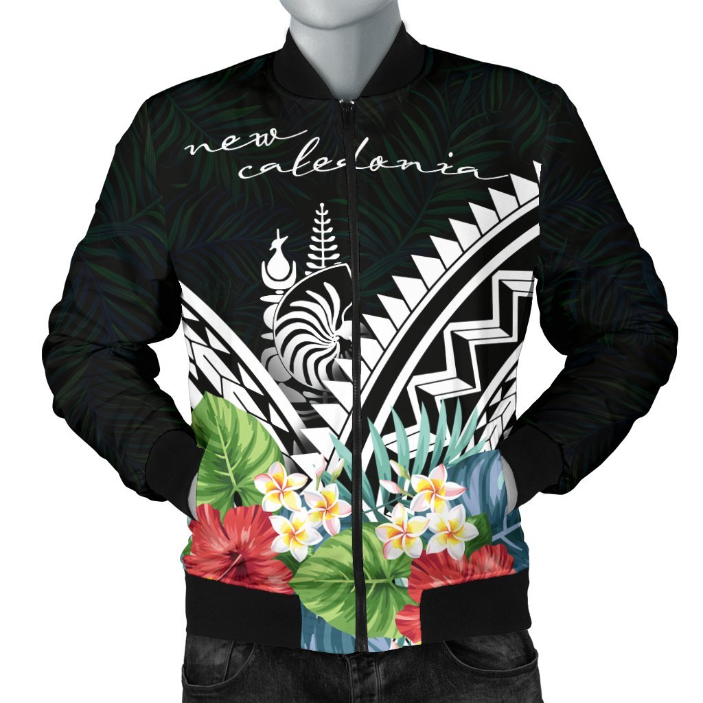 New Caledonia Men's Bomber Jacket - New Caledonia Coat of Arms & Polynesian Tropical Flowers White White - Polynesian Pride