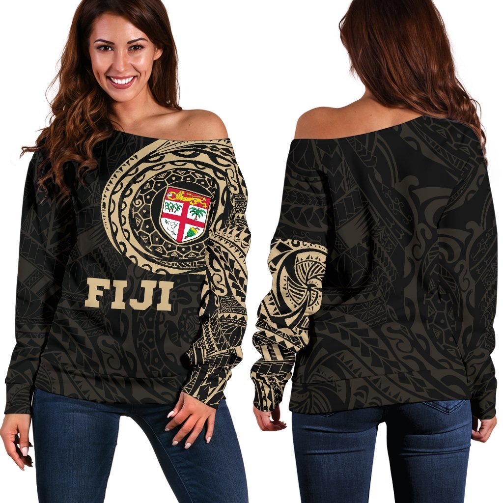 Fiji Polynesian Tattoo Style Off Shoulder Sweater A7 Black - Polynesian Pride