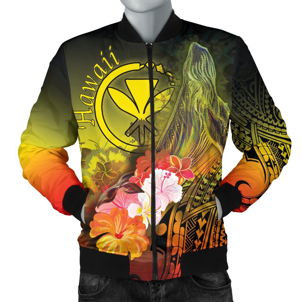 Polynesian Hawaii Men's Bomber Jacket - Kanaka Maoli Humpback Whale with Tropical Flowers (Yellow) Yellow - Polynesian Pride