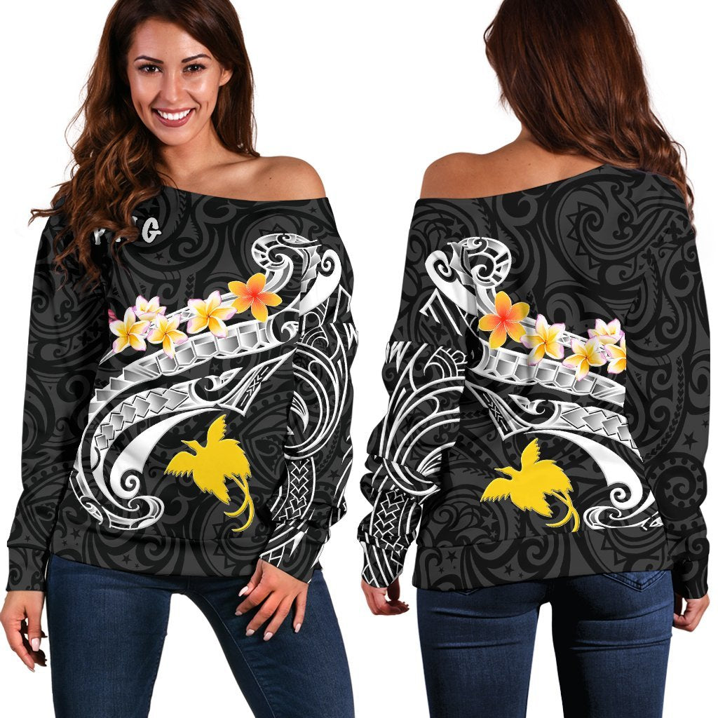 Papua New Guinea Women's Off Shoulder Sweater - PNG Seal Polynesian Patterns Plumeria (Black) - Polynesian Pride