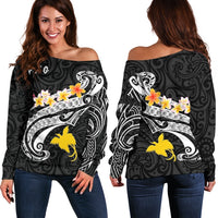 Papua New Guinea Women's Off Shoulder Sweater - PNG Seal Polynesian Patterns Plumeria (Black) - Polynesian Pride
