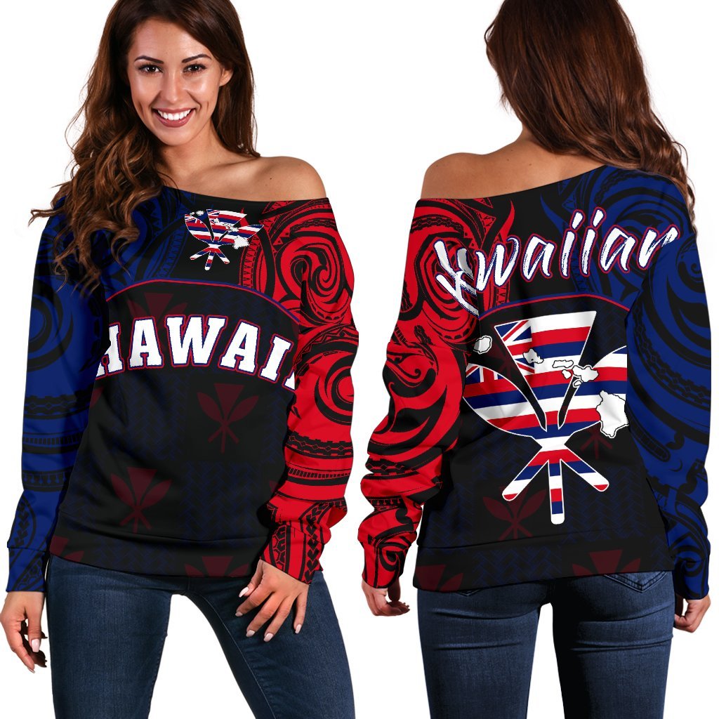 Hawaiian Kanaka Women's Off Shoulder Sweater Flag Nation Black Demodern AH Black - Polynesian Pride