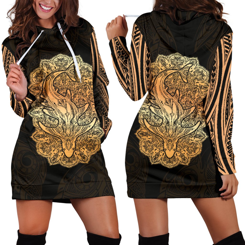 Wild Shark Polynesian Women's Hoodie Dress Gold - Polynesian Pride