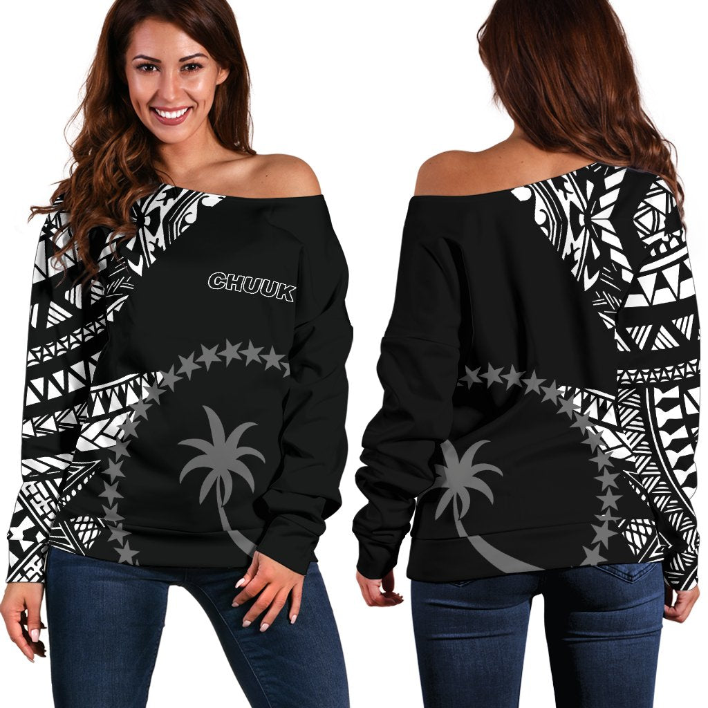 Chuuk Women's Off Shoulder Sweater - Micronesian Pattern Flash Black Black - Polynesian Pride