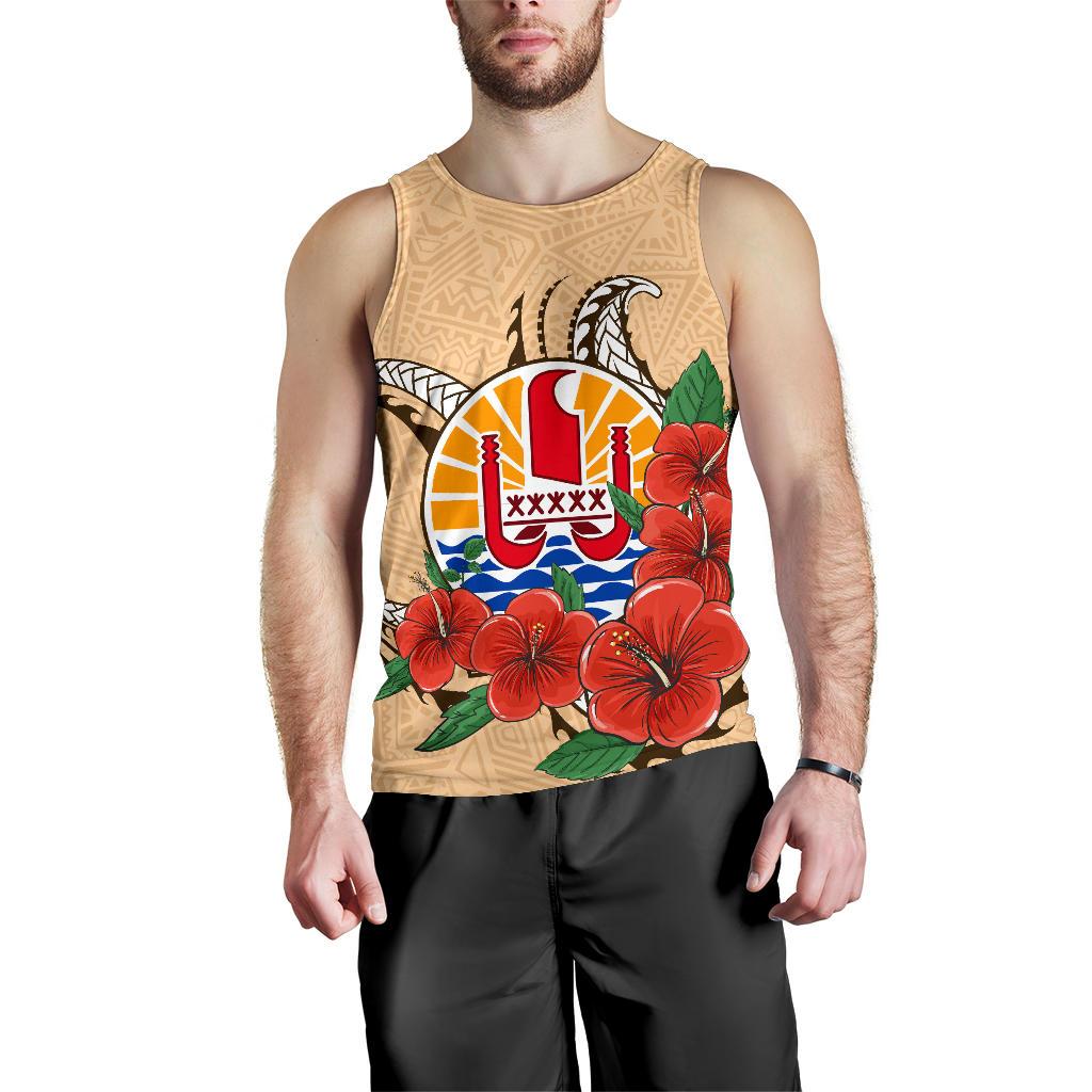 Tahiti Polynesian Men Tank Top - Hibiscus Coat of Arm Beige - Polynesian Pride