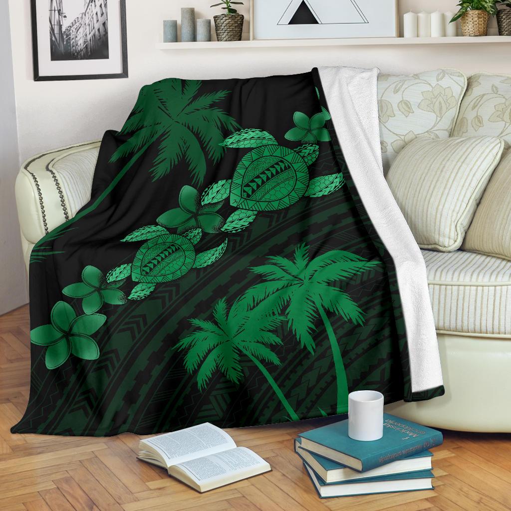 Hawaii Turtle Plumeria Coconut Tree Polynesian Premium Blanket - Green White - Polynesian Pride