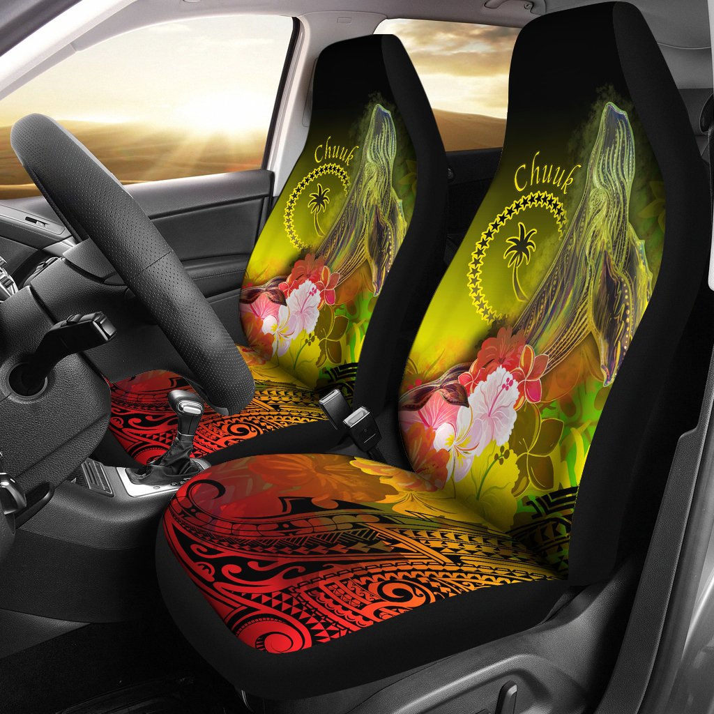 Chuuk Car Seat Covers - Humpback Whale with Tropical Flowers (Yellow) Universal Fit Yellow - Polynesian Pride