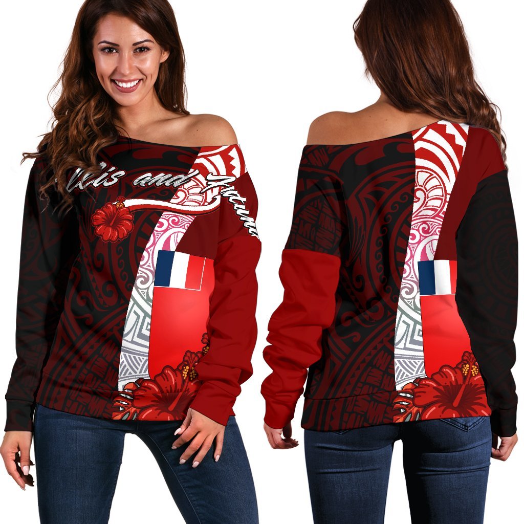 Wallis and Futuna Polynesian Women's Off Shoulder Sweater - Coat Of Arm With Hibiscus Red - Polynesian Pride