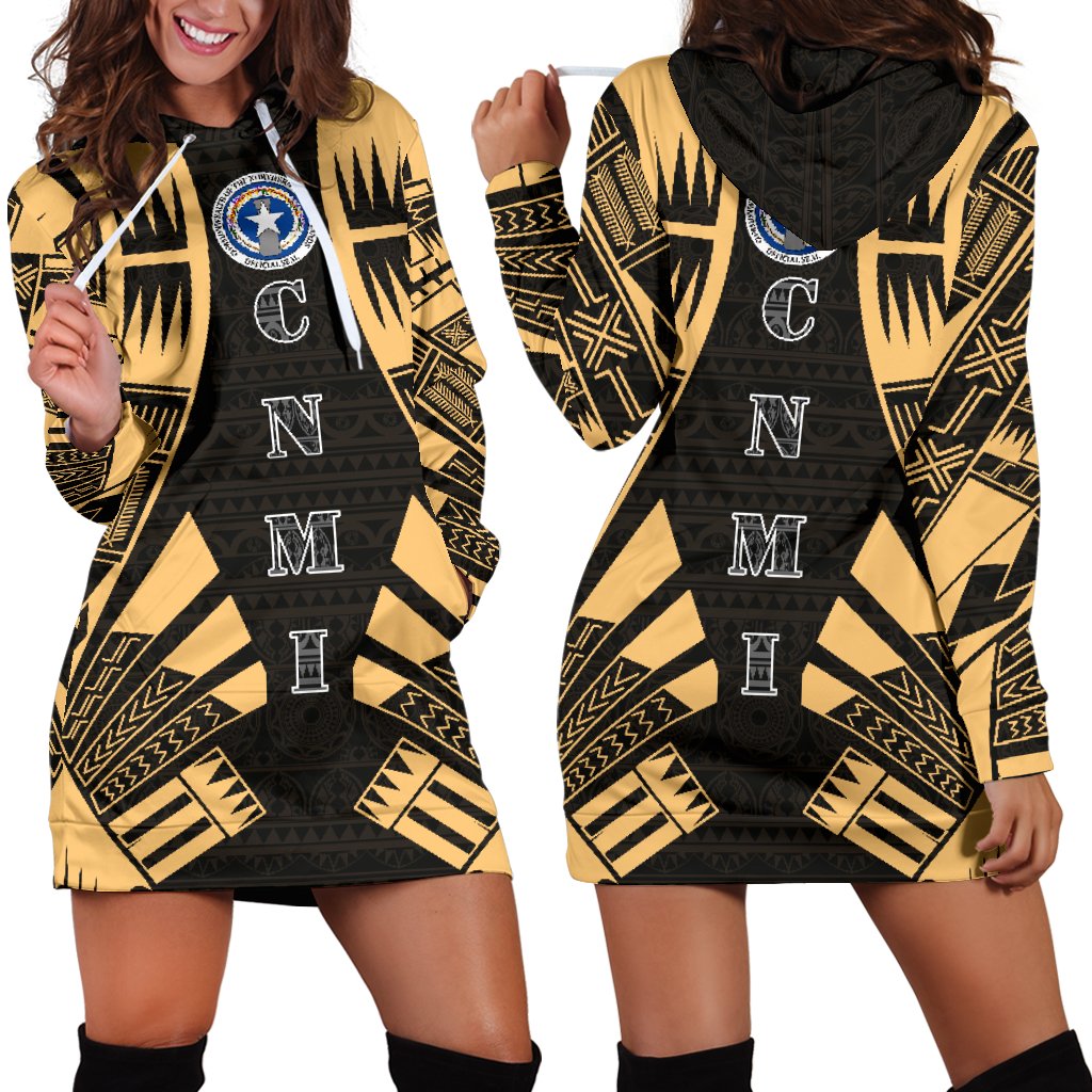 Northern Mariana Islands Hoodie Dress - Polynesian Tattoo Gold Gold - Polynesian Pride