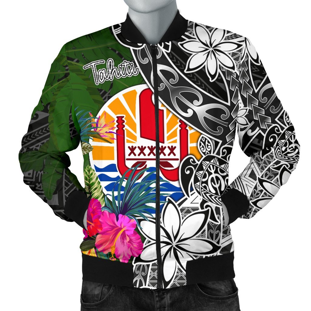 Tahiti Men Bomber Jacket - Turtle Plumeria Banana Leaf Black - Polynesian Pride