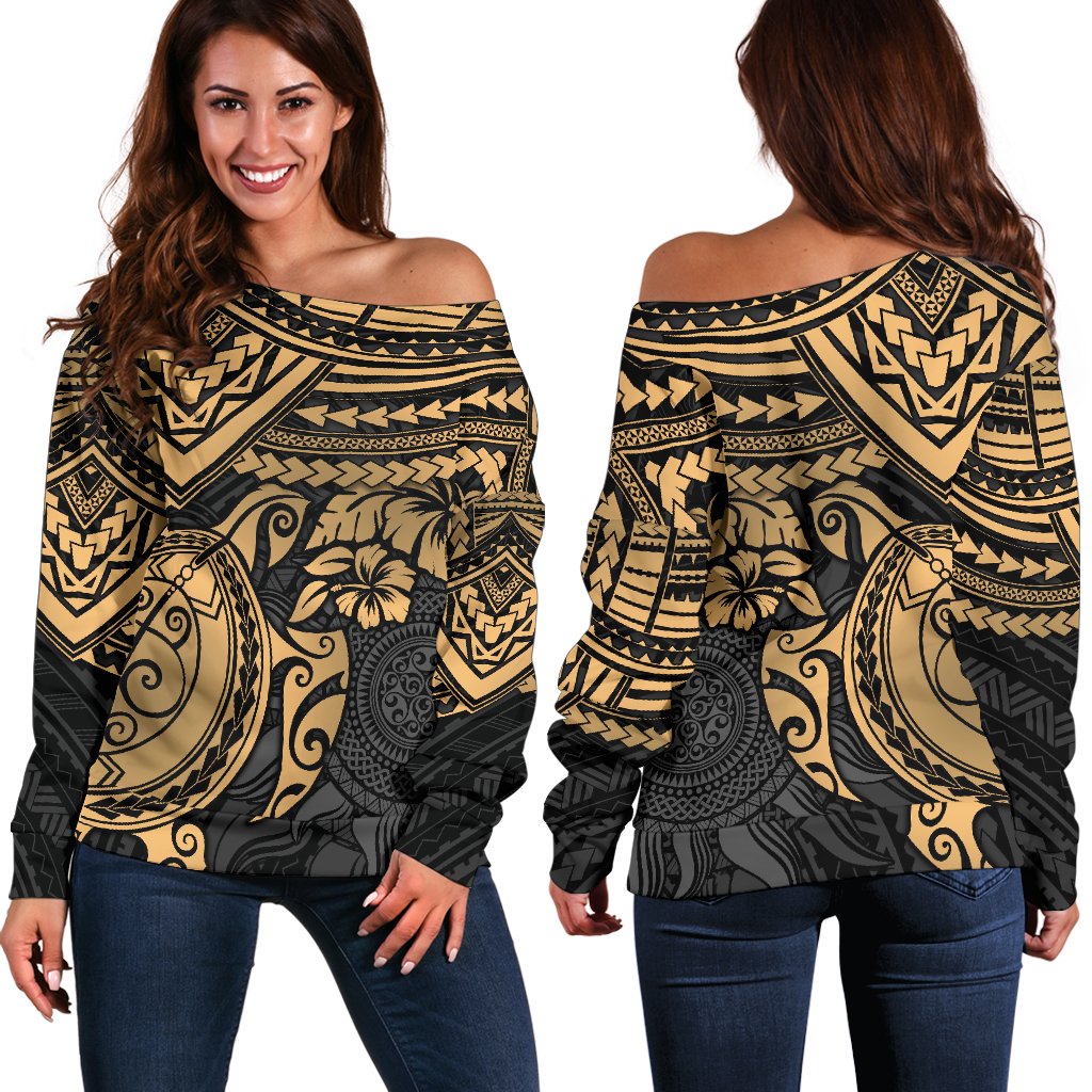 Polynesian Off Shoulder Sweater (Women) - Polynesian Golden Turtle Golden - Polynesian Pride