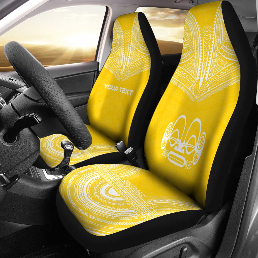 Marquesas Islands Custom Personalised Car Seat Cover - Tiki Face Polynesian Chief Tattoo Yellow Version Universal Fit Yellow - Polynesian Pride