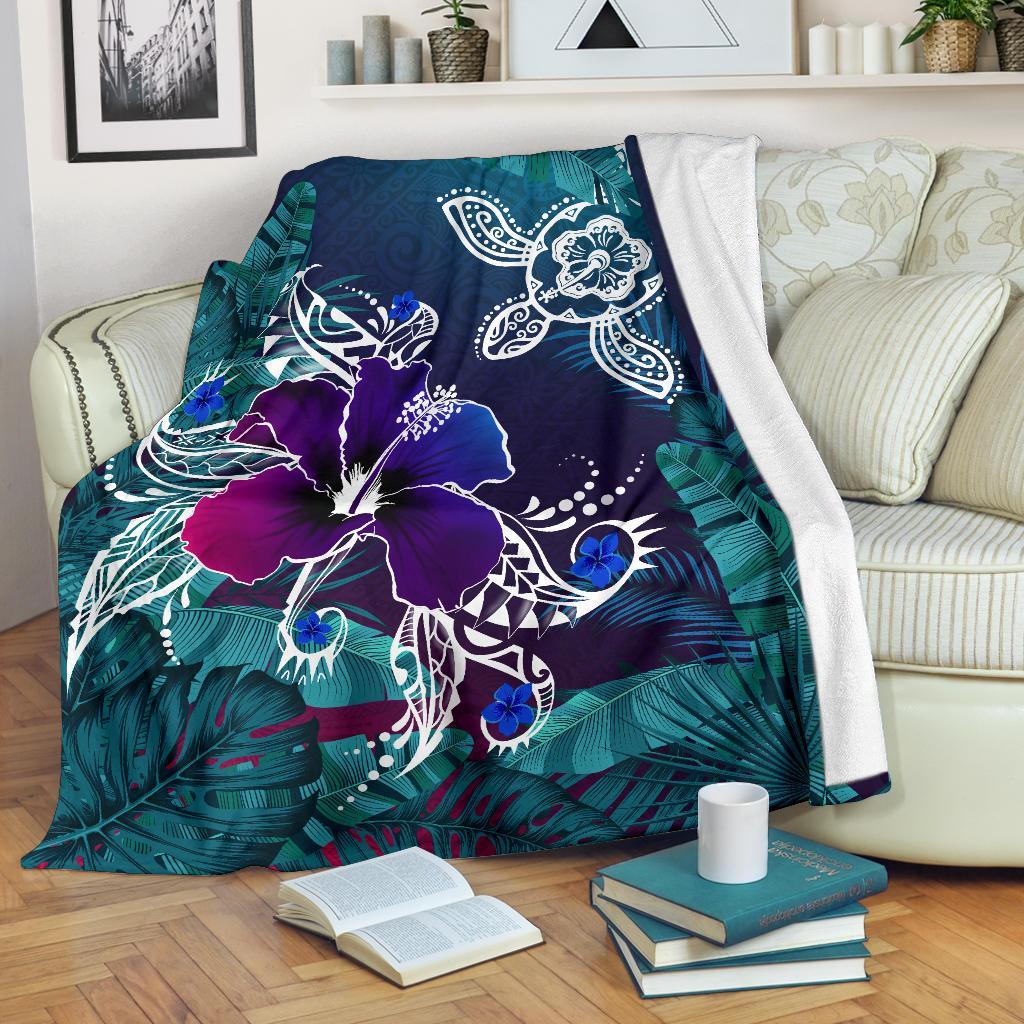 Hawaii Premium Blanket - Hawaii Turtle Flowers And Palms Retro White - Polynesian Pride