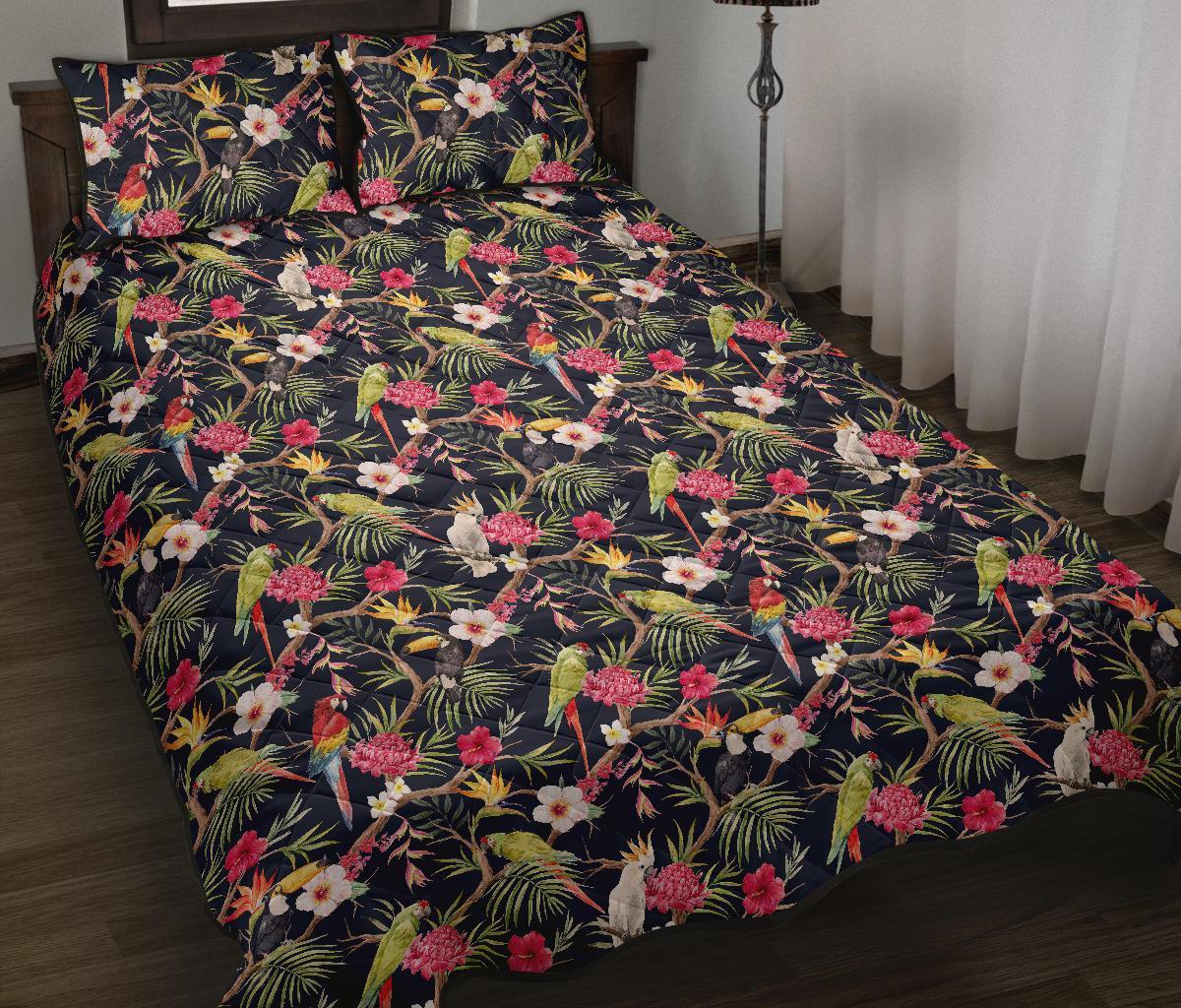 Hawaii Quilt Bed Set Tropical Hibiscus Strelitzia Palm Leaves AH Black - Polynesian Pride