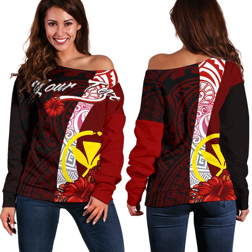 Hawaii Polynesian Custom Personalised Women's Off Shoulder Sweater - Coat Of Arm With Hibiscus Red - Polynesian Pride