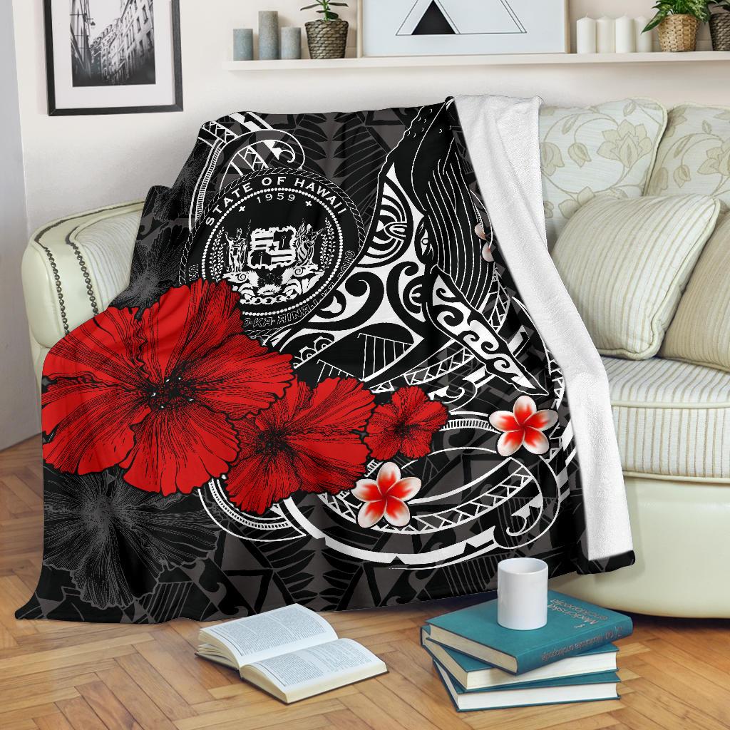 Polynesian Hawaii Premium Blanket - Humpback Whale with Hibiscus (White) White - Polynesian Pride