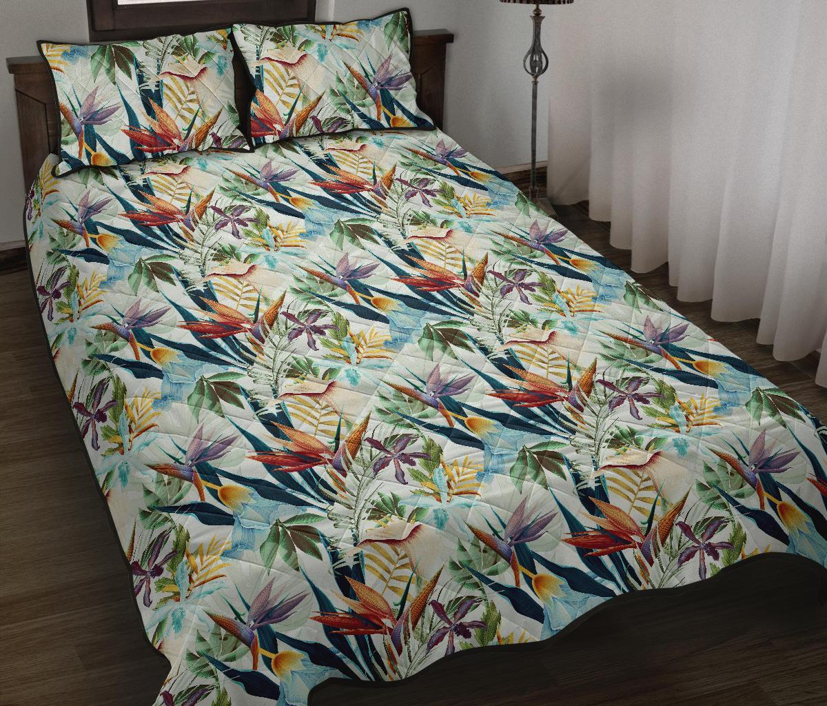 Hawaii Quilt Bed Set Seamless Tropical Flower Plant And Leaf AH Black - Polynesian Pride