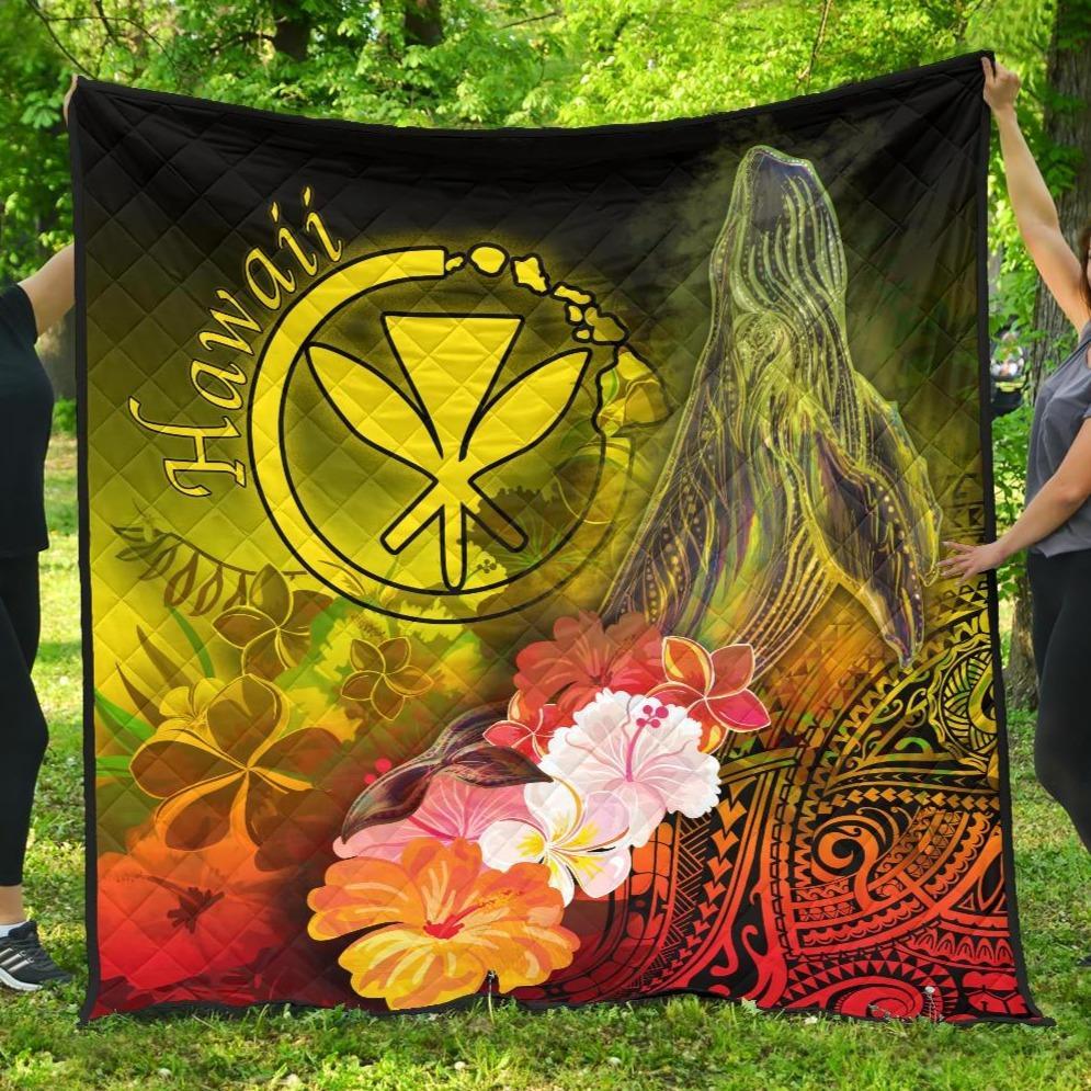 Polynesian Hawaii Premium Quilt - Kanaka Maoli Humpback Whale with Tropical Flowers (Yellow) Yellow - Polynesian Pride