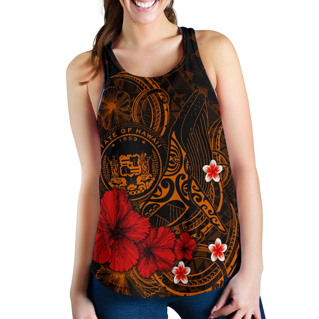 Polynesian Hawaii Women's Racerback Tank - Humpback Whale with Hibiscus (Golden) - Polynesian Pride
