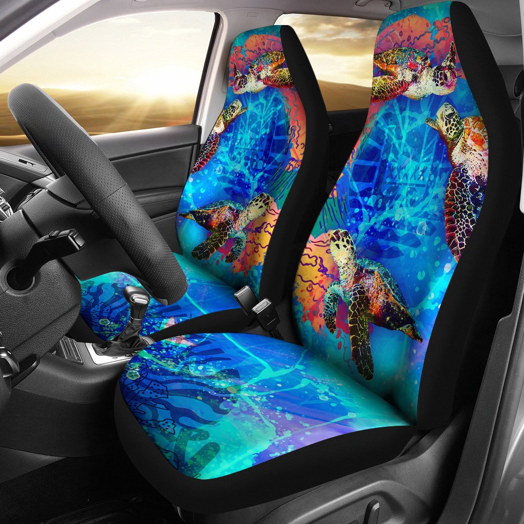 Tahiti Polynesian Car Seat Covers - Tahiti Flag Sea Turtle Coral Treasure Universal Fit BLUE - Polynesian Pride