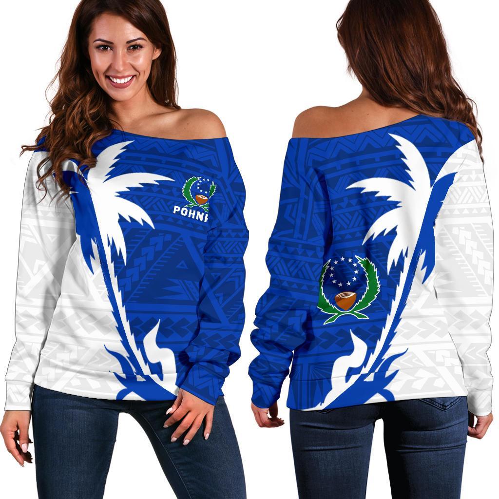 Pohnpei Coconut Tree Off Shoulder Sweater K4 Blue - Polynesian Pride