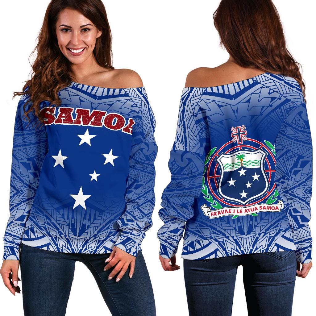 Samoa Women's Off Shoulder Sweater - Polynesian Fog Blue blue - Polynesian Pride