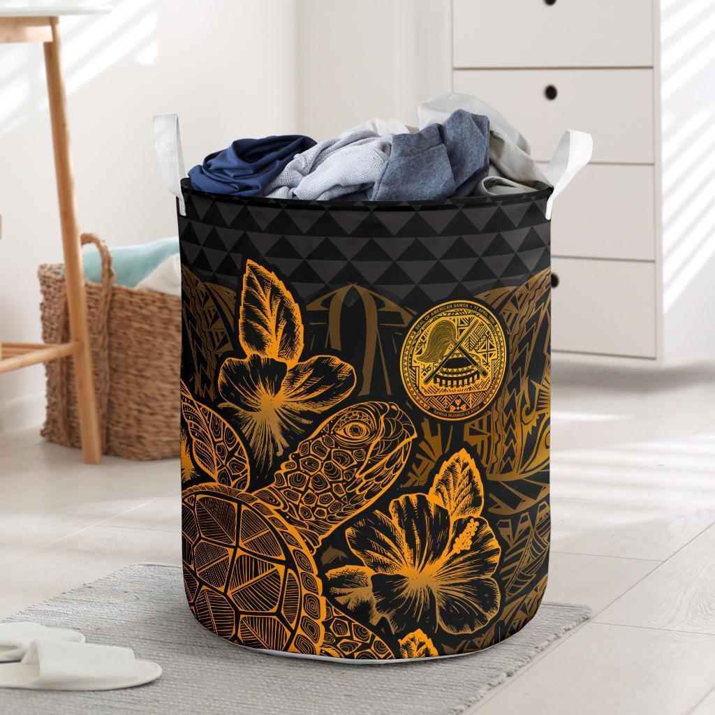 American Samoa Laundry Basket - Polynesian Turtle Hibiscus Gold Laundry Basket One Size Gold - Polynesian Pride