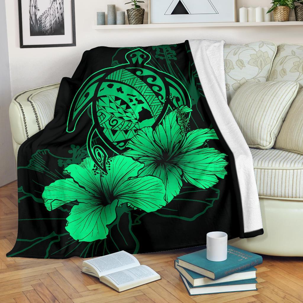 Hawaii Hibiscus Premium Blanket - Turtle Map - Pastel Green White - Polynesian Pride