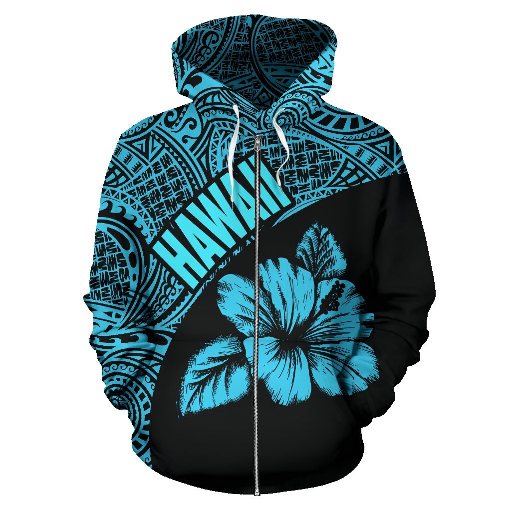 Hawaii Zip up Hoodie Hawaii Hibiscus Polynesian Tattoo Blue Version - Polynesian Pride