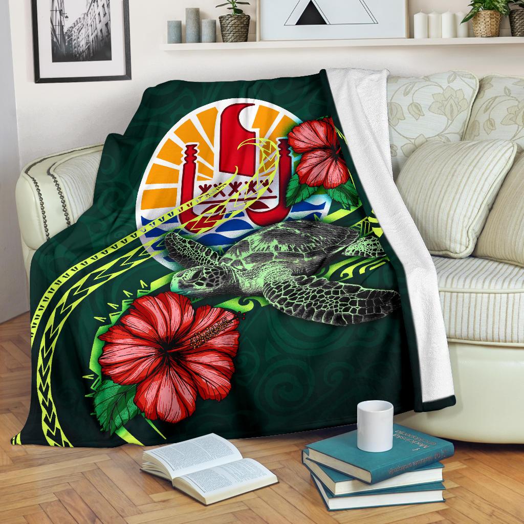 Tahiti Polynesian Premium Blanket - Green Turtle Hibiscus White - Polynesian Pride