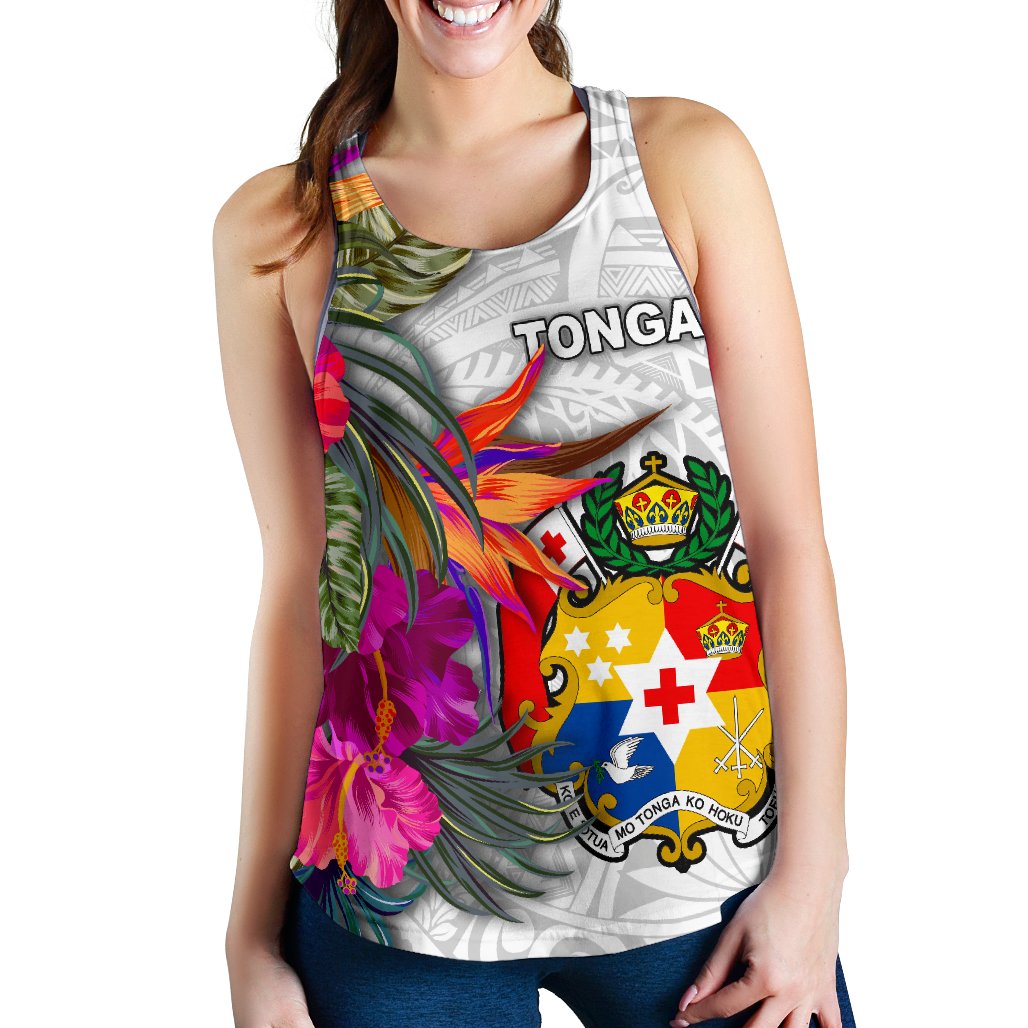 Tonga Women's Racerback Tank Polynesian Hibiscus White Pattern White - Polynesian Pride