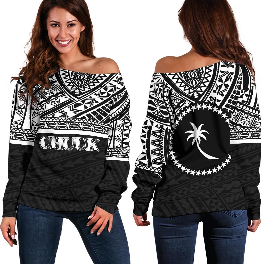 Chuuk Women's Off Shoulder Sweater - Black White Version Black - Polynesian Pride