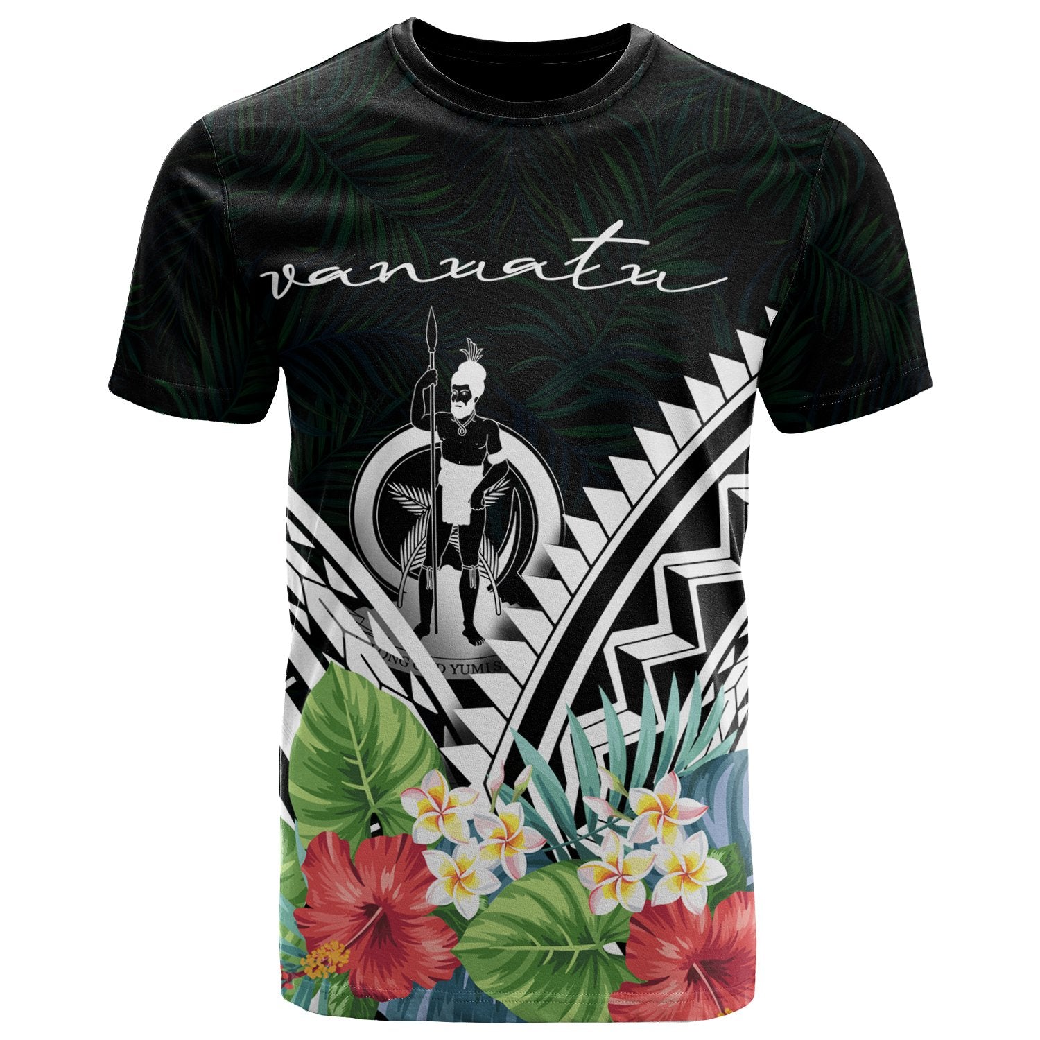 Vanuatu Polynesian T Shirt Vanuatuan Coat of Arms & Polynesian Tropical Flowers White Unisex Art - Polynesian Pride