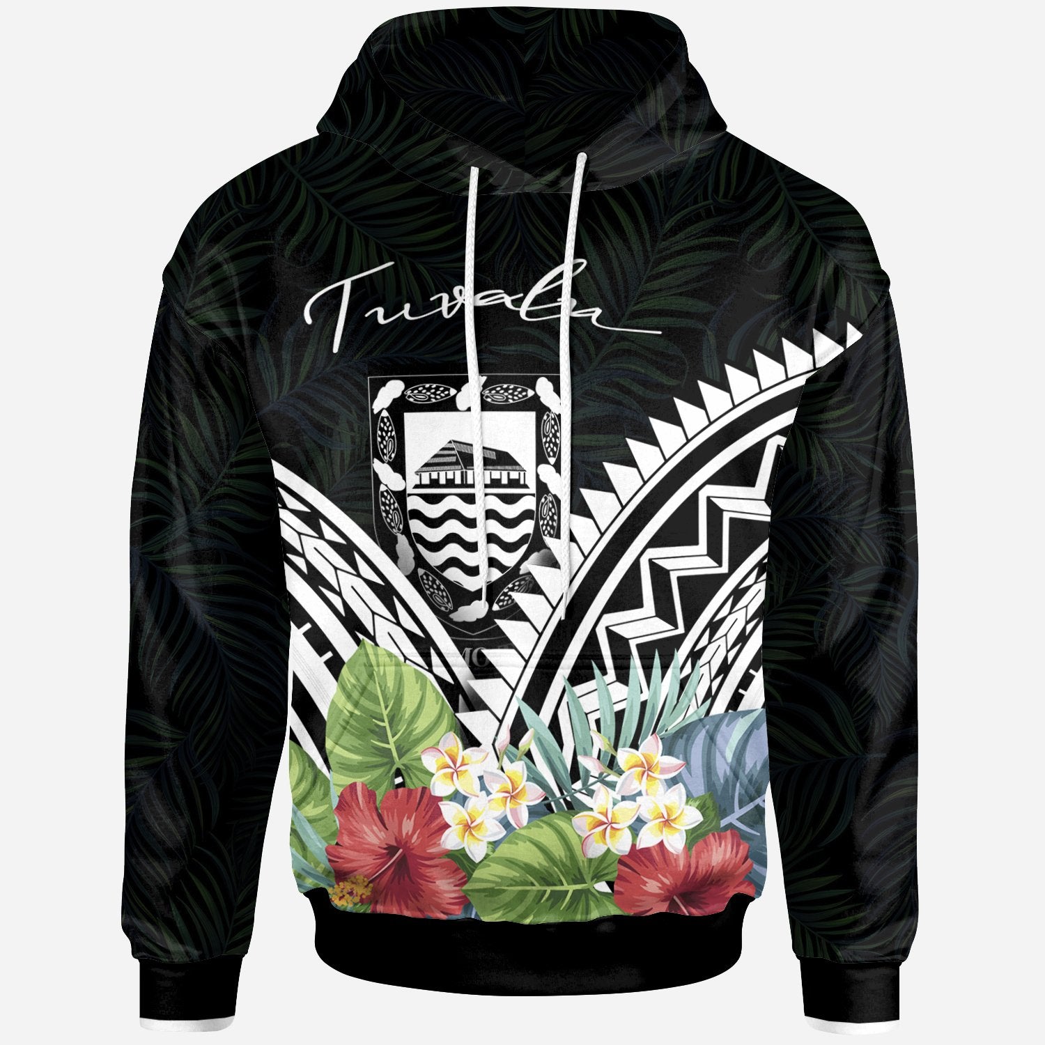 Tuvalu Hoodie Tuvalu Coat of Arms & Polynesian Tropical Flowers White Unisex White - Polynesian Pride