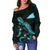 Tokelau Polynesian Women's Off Shoulder Sweater - Turtle With Blooming Hibiscus Turquoise - Polynesian Pride