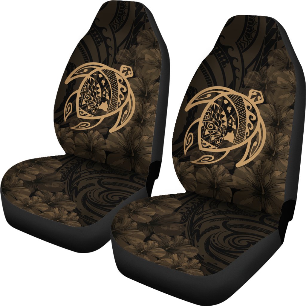 Hawaii Car Seat Covers - Hawaii Turtle Map Hibiscus Poly Gold Universal Fit Gold - Polynesian Pride