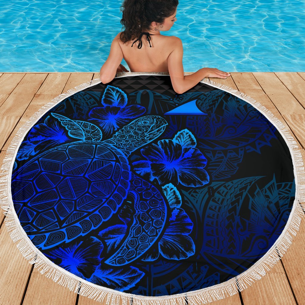 Tokelau Polynesia Beach Blanket Turtle Hibiscus Blue - Polynesian Pride