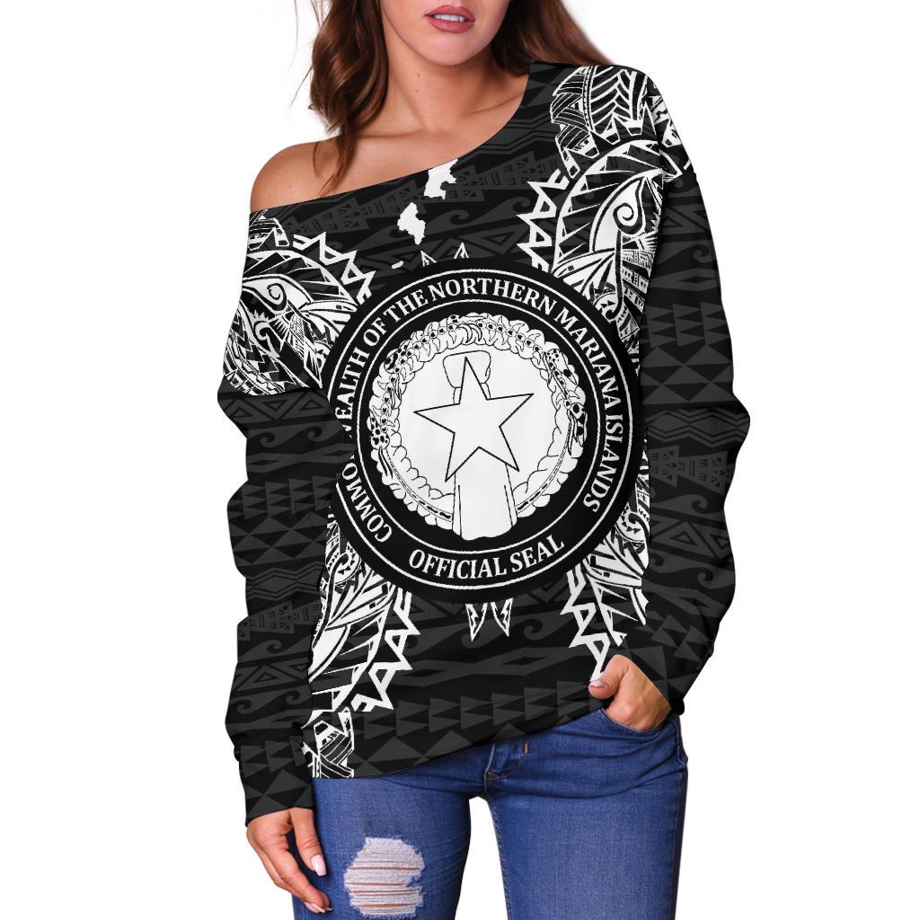 Northern Mariana Islands Polynesian Shoulder Sweater Map Black - Polynesian Pride