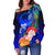 Federated States of Micronesia Women's Off Shoulder Sweater - Humpback Whale with Tropical Flowers (Blue) - Polynesian Pride